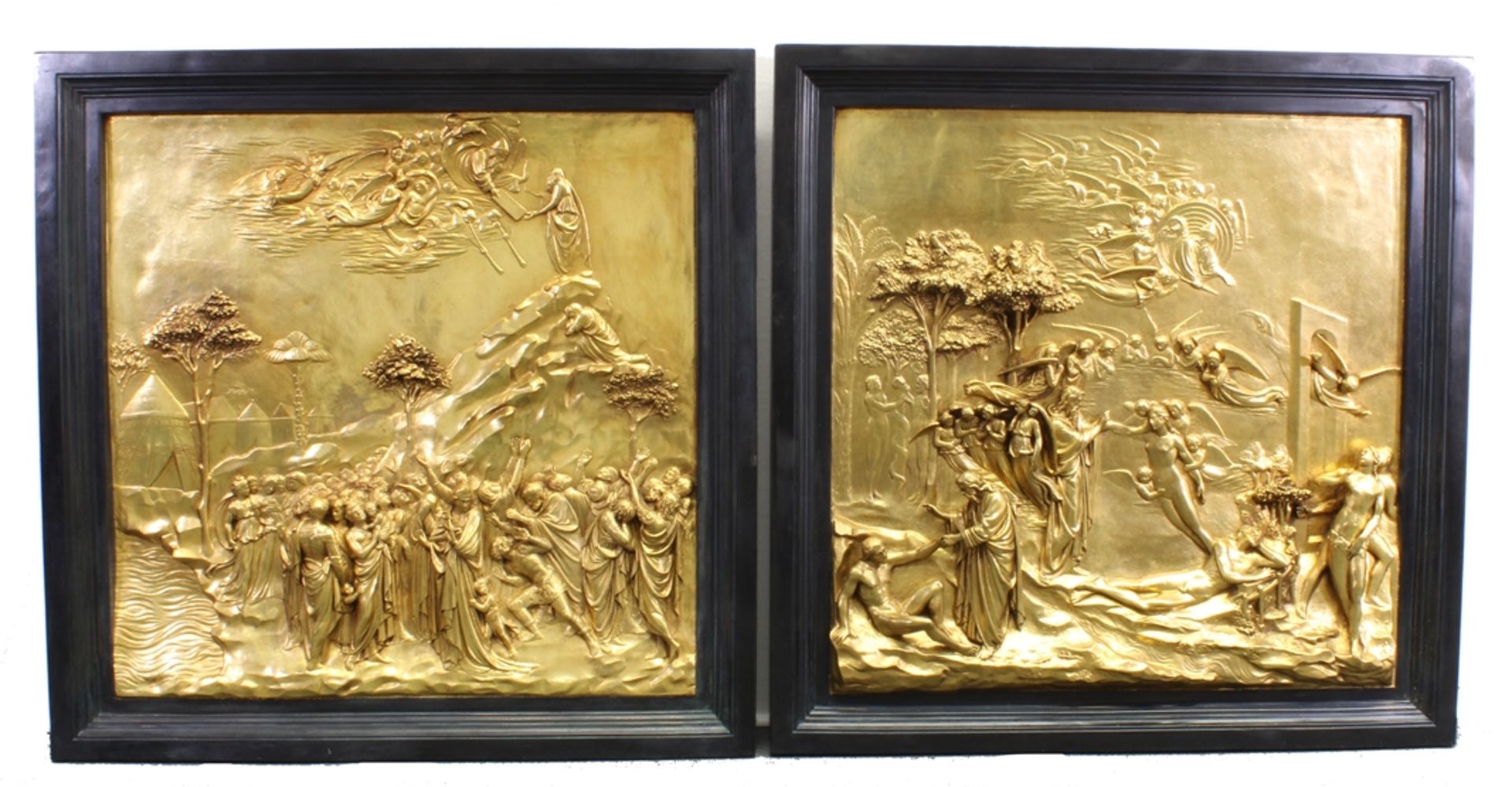 2 Reliefplatten, Gussmasse, "Adam und Eva" und "Moses" nach der Paradiespforte von Lorenzo Ghiberti