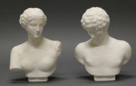 2 Büsten, Alabaster, "V. Milo", "Antino", 20. Jh., jeweils ca. 20 cm hoch, leicht bestoßen