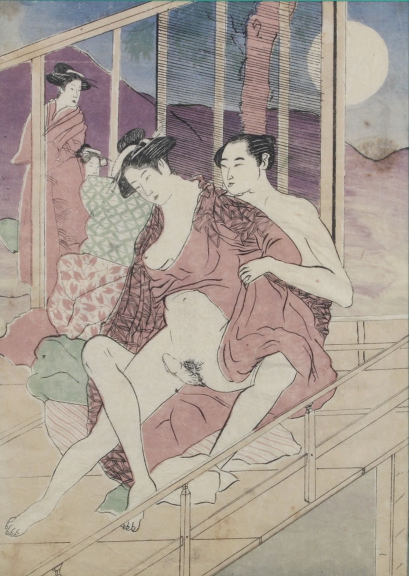 3 Holzschnitte, "Shunga", Japan, Anfang 20. Jh., farbig, ca. 19.5 x 29 cm (P.a.), verblichen, klein - Bild 6 aus 6