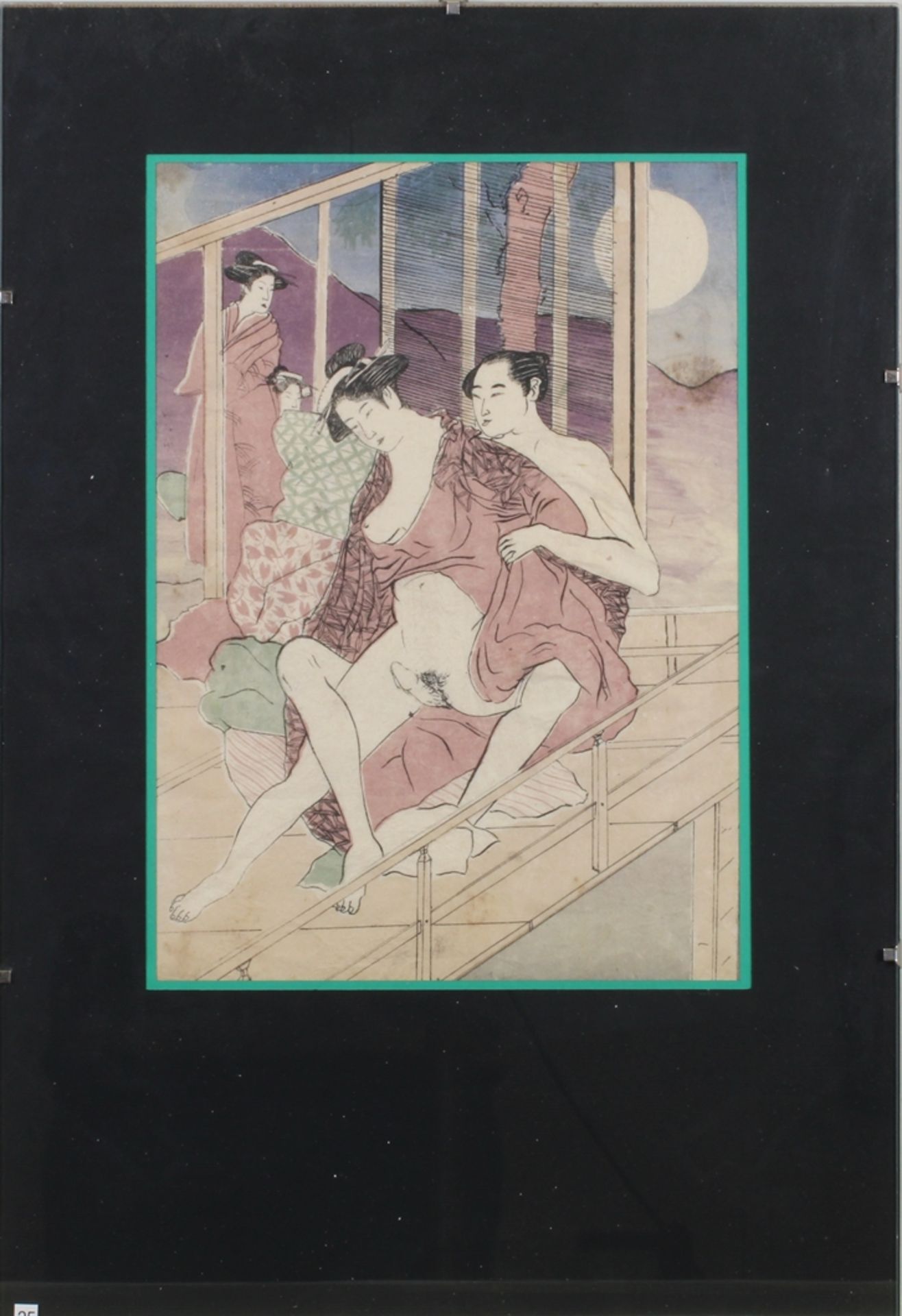 3 Holzschnitte, "Shunga", Japan, Anfang 20. Jh., farbig, ca. 19.5 x 29 cm (P.a.), verblichen, klein - Bild 5 aus 6