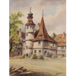 Konvolut, 3 Aquarelle, "Stadt- bzw. Burgansicht", 1x "Burg Eltz", 1x „Hegereiterhaus“ in Rothenburg