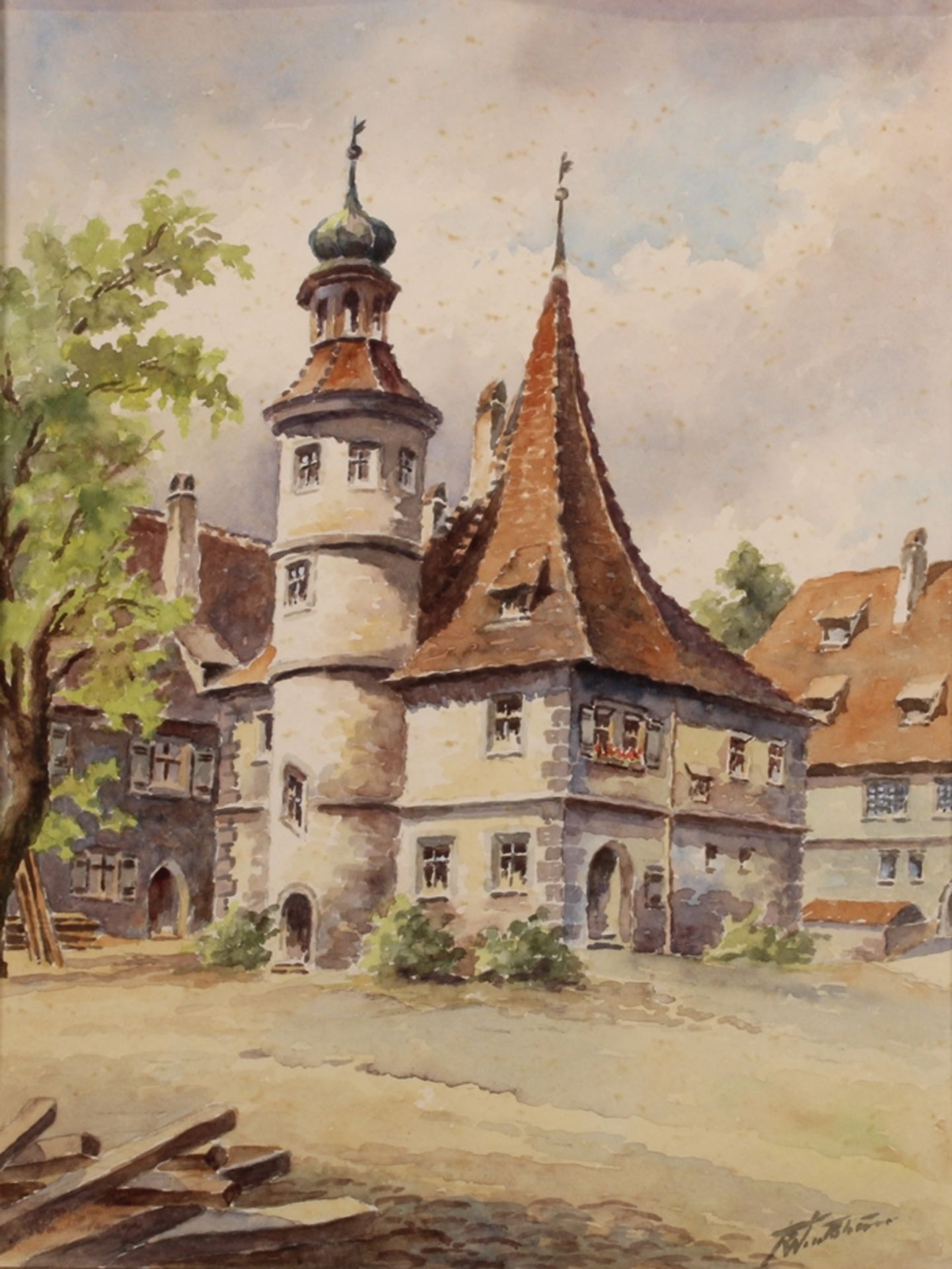 Konvolut, 3 Aquarelle, "Stadt- bzw. Burgansicht", 1x "Burg Eltz", 1x „Hegereiterhaus“ in Rothenburg