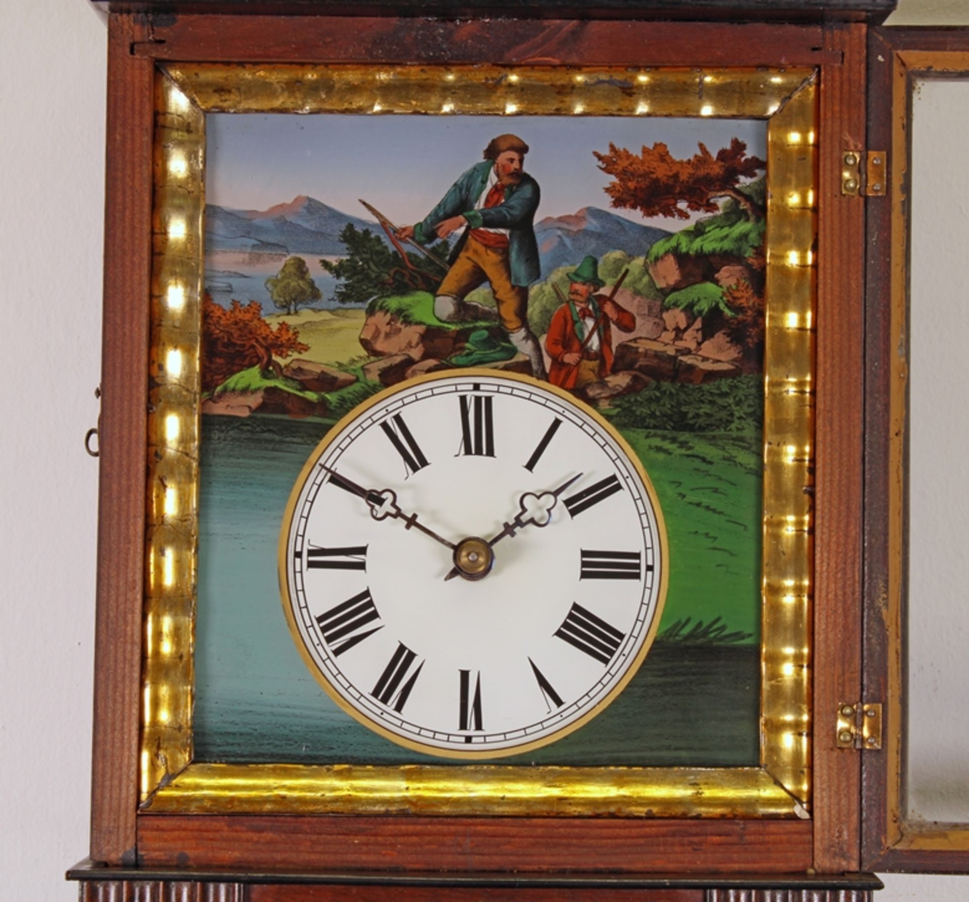 Schwarzwälder-Wanduhr, um 1880, Mahagonigehäuse, Front mit Goldleiste und Rankeneinlage, Hinterglas - Bild 3 aus 3