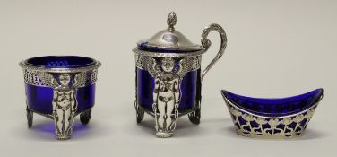 Salière, Senftopf, Silber 800, Frankreich, 19. Jh., Amorfiguren im Relief, blaue Glaseinsätze ergän