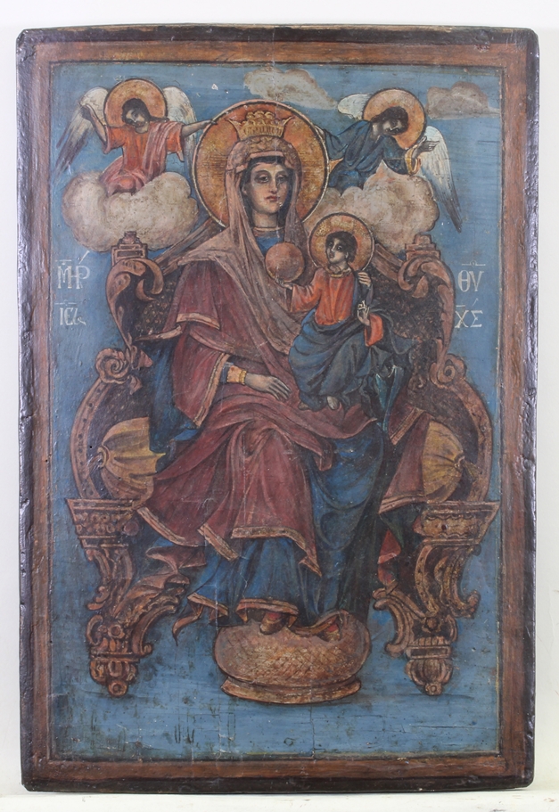 Ikone, Tempera auf Holz, "Thronende Gottesmutter mit Kind und Engeln", wohl 19. Jh., wohl Bulgarien