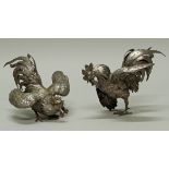 2 Tierfiguren, "Kampfhähne", Silber 800, Hanau, Neresheimer, 12.5-13 cm hoch, zus. ca. 654 g, Lötst