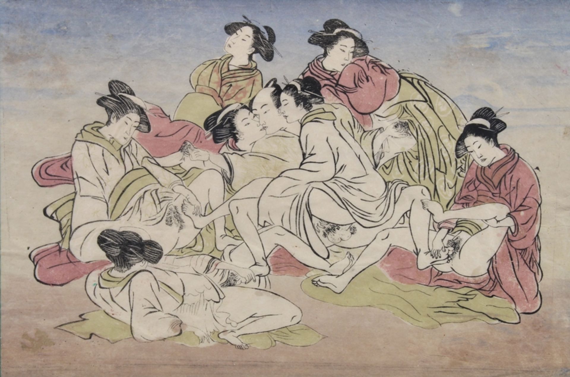 3 Holzschnitte, "Shunga", Japan, Anfang 20. Jh., farbig, ca. 19.5 x 29 cm (P.a.), verblichen, klein - Bild 4 aus 6