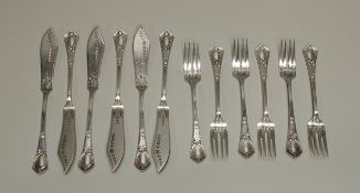 6 Fischgabeln und 6 Fischmesser, Silber 800, Wilkens, Dekor mit ovalem Blattkranz, Schleife und sti