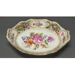 Korbschale, Potschappel, Carl Thieme, bunter Blumendekor, Goldzier, oval, durchbrochen, 6 x 25 x 17