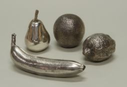 4 Früchte, "Birne", "Zitrone", "Orange", "Banane", Silber 925, Birmingham, 1994, Meistermarke BS, j