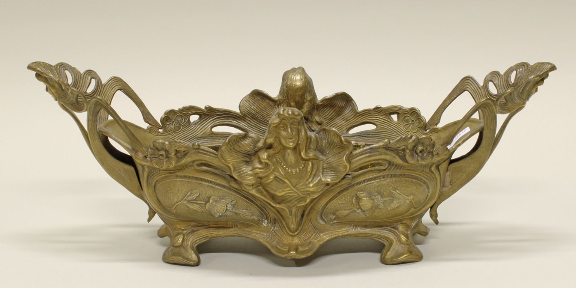 Jardinière, Messing, Jugendstil-Form, Metalleinsatz, 18 x 49 x 17 cm, Lötstellen