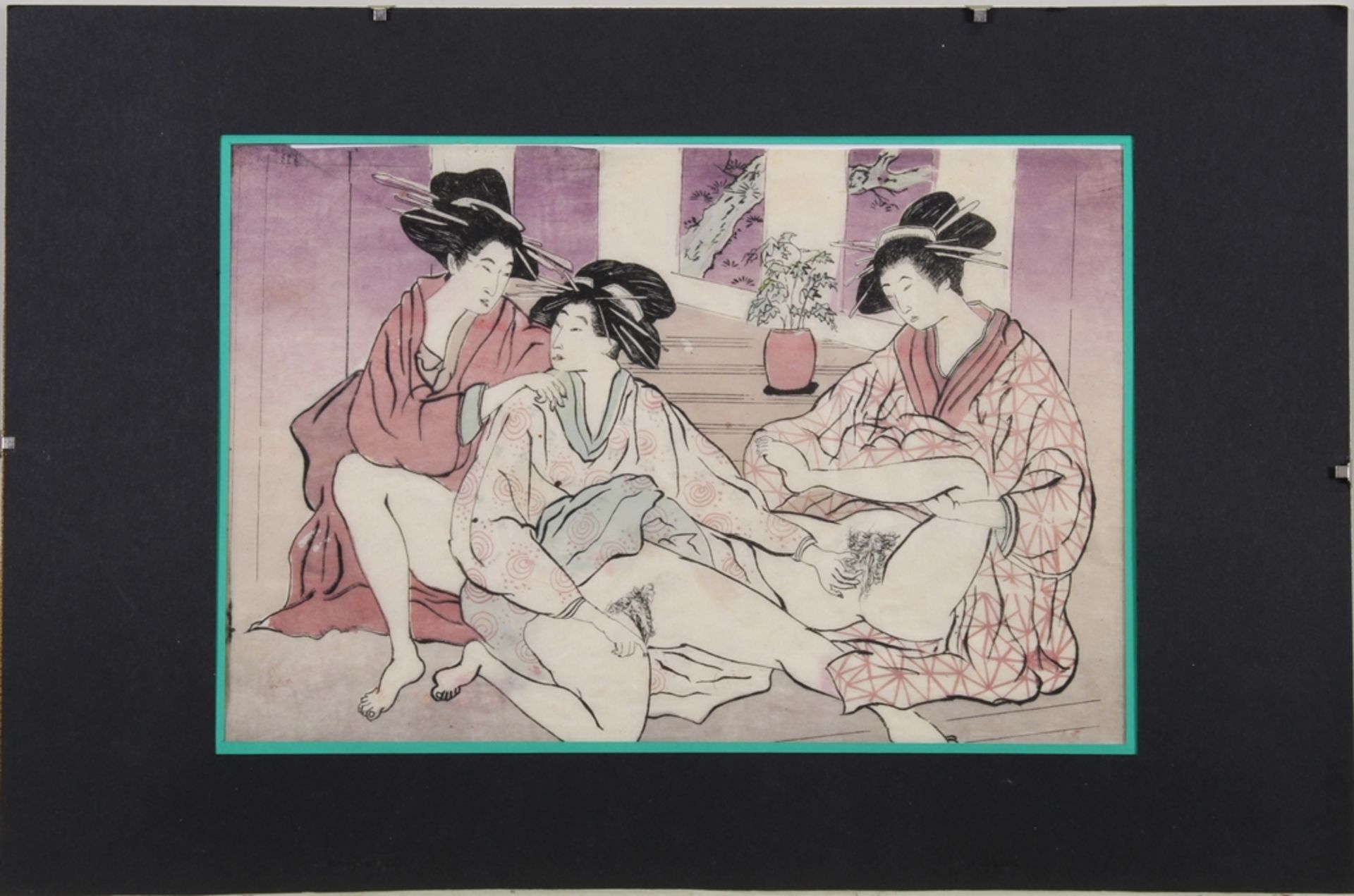 3 Holzschnitte, "Shunga", Japan, Anfang 20. Jh., farbig, ca. 19.5 x 29 cm (P.a.), verblichen, klein - Bild 2 aus 6