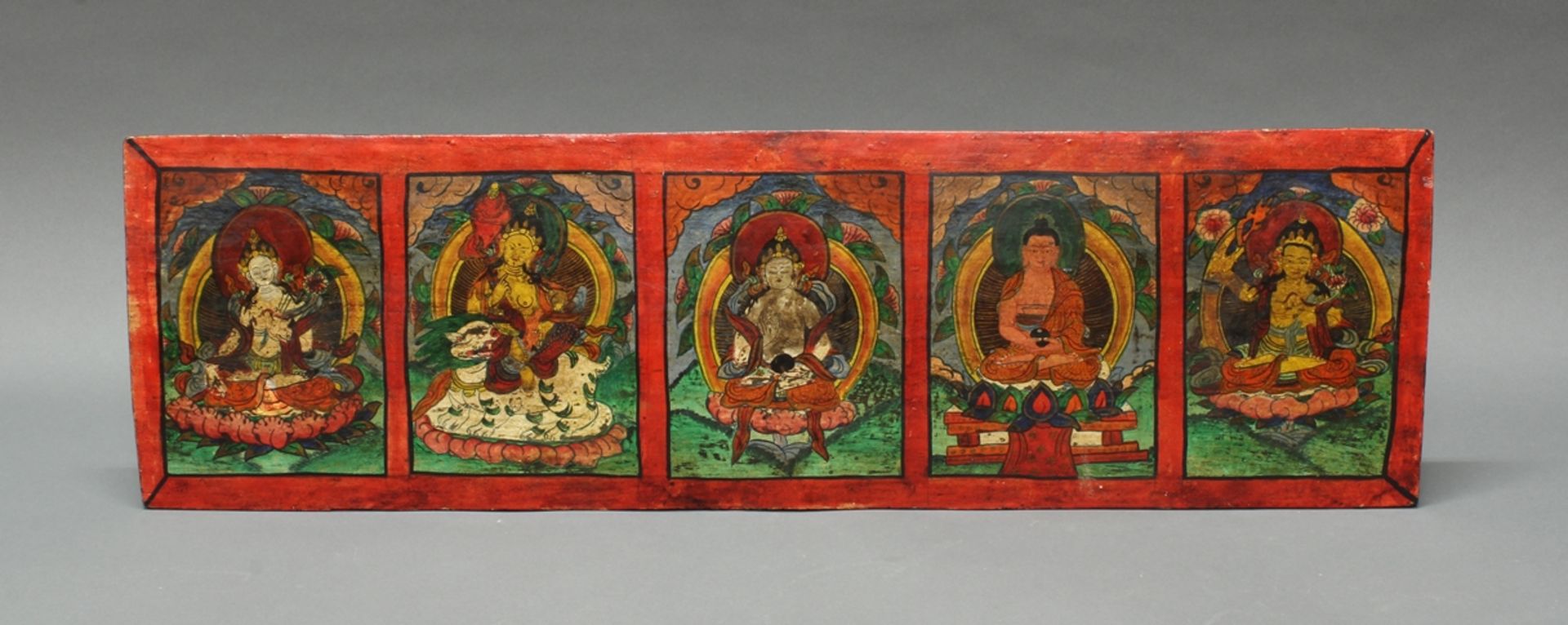 Meditationsbild, Tibet/Nepal, 20. Jh., Holz, farbig bemalt, diverse Gottheiten, aufstellbar, 19 x 6