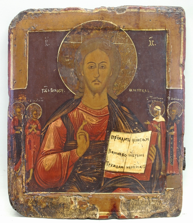 Ikone, Tempera auf Holz, "Christus Pantokrator", mit Randheiligen, Russland, 19. Jh., 31 x 27 cm, s