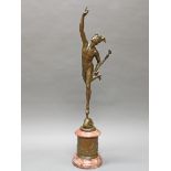 Bronze, dunkelbraun patiniert, "Merkur", neuzeitlicher Guss, nach Giambologna, auf Steinsockel, Ges