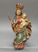 Skulptur, Holz geschnitzt, "Madonna mit Kind", Böhmen, wohl 18. Jh., 58 cm hoch, Fassung stark über