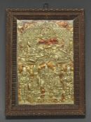 Reliefbild, "Schlafender Krishna und andere Gottheiten", Indien, 19. Jh., Blattgold, geprägt, 10 x 