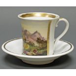 Ansichtentasse, "Godesburg", mit Untertasse, KPM Berlin, 1837-1844, polychrom, Golddekor, 8 cm hoch