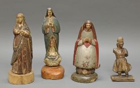 4 Skulpturen, Holz geschnitzt, Darstellungen der "Muttergottes" und eines "Heiligen", Südamerika, 1