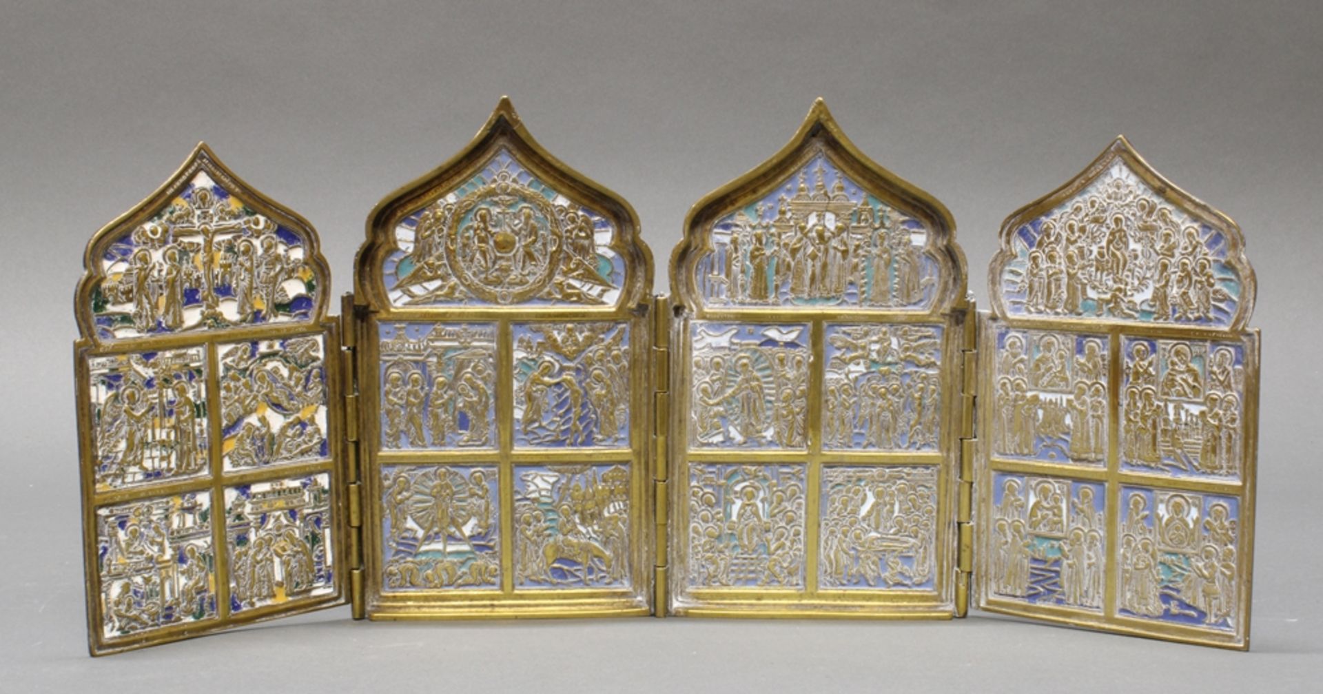 Metallikone, Tetraptychon, Bronze vergoldet, Russland, 19. Jh., hellblau emailliert, 18 x 11 cm bzw