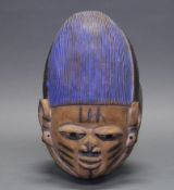 Helm-Maske, Gelede, Yoruba, Nigeria, Afrika, authentisch, Holz, Kopf teils Blau eingefärbt, ca. 30 