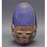 Helm-Maske, Gelede, Yoruba, Nigeria, Afrika, authentisch, Holz, Kopf teils Blau eingefärbt, ca. 30