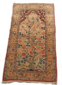 Gebets-Isfahan, Iran, Korkwolle, älter, Baum- und Vogelmotive, ca. 1.42 x 0.66 m, Flor teils reduzi