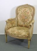 Sessel im Louis Seize-Stil, 19. Jh., elfenbeinfarben gefasst, reiche Verzierungen geschnitzt und St