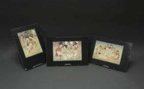 3 Holzschnitte, "Shunga", Japan, Anfang 20. Jh., farbig, ca. 19.5 x 29 cm (P.a.), verblichen, klein