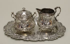 Sahnegießer, Zuckerdose, Tablett, Silber 800, Ranken- und Blütenzier, 8.5-9 cm hoch, 22 x 16 cm, zu