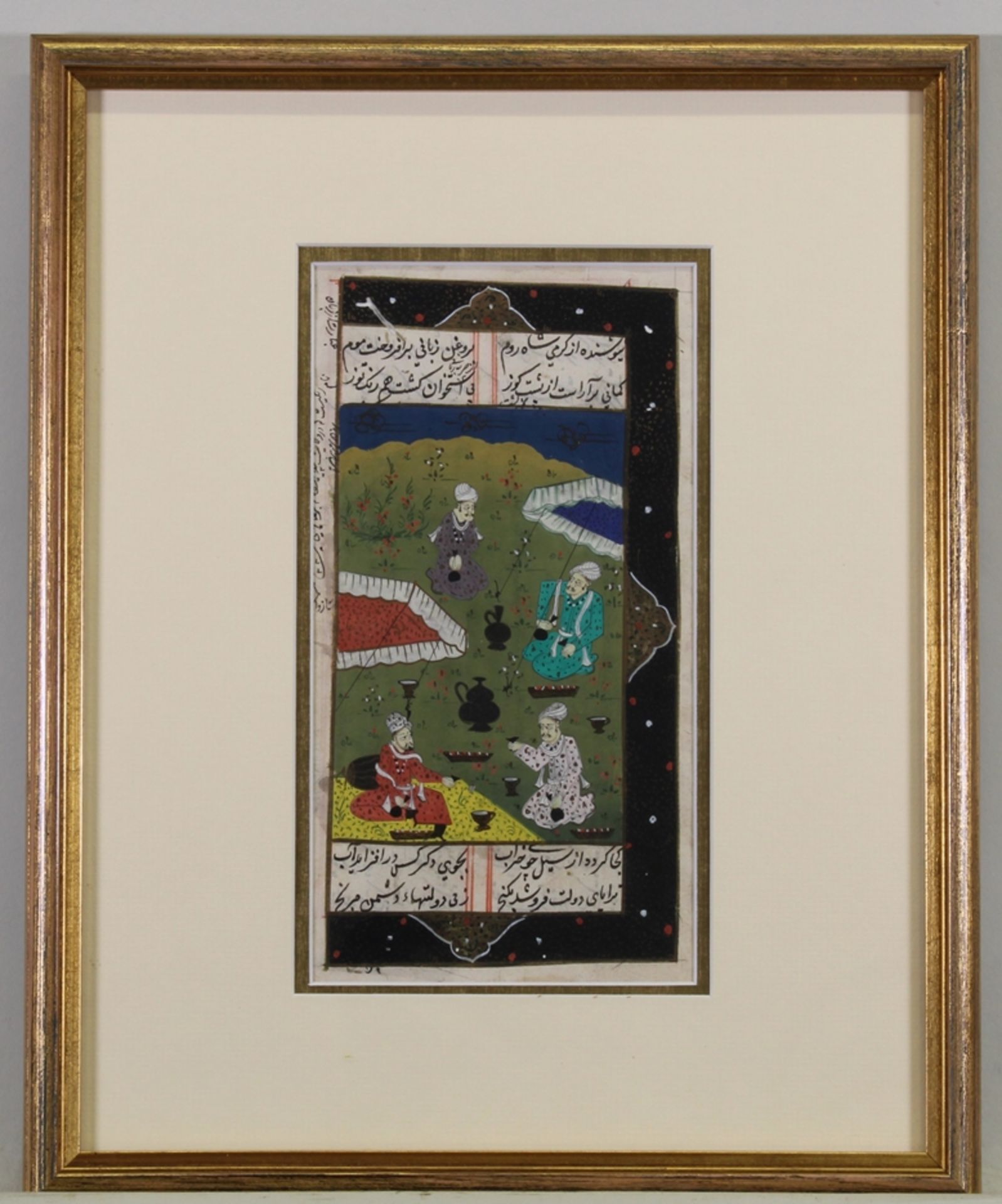 5 Buchseiten-Miniaturen, Persien, 19. Jh., Tusche, Gouache, Goldbronze, auf Papier, figurale Garten