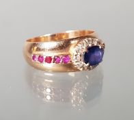 Ring, RG 585, 1 oval facettierter blauer Spinell, 12 Diamanten zus. ca. 0.24 ct., 10 kleine Rubine,