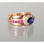 Ring, RG 585, 1 oval facettierter blauer Spinell, 12 Diamanten zus. ca. 0.24 ct., 10 kleine Rubine,