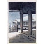 Farbholzschnitt, "Abendlicher Schneefall beim Kiyomizu Tempel", Japan, um 1950/60, Hasui Kawase, ob