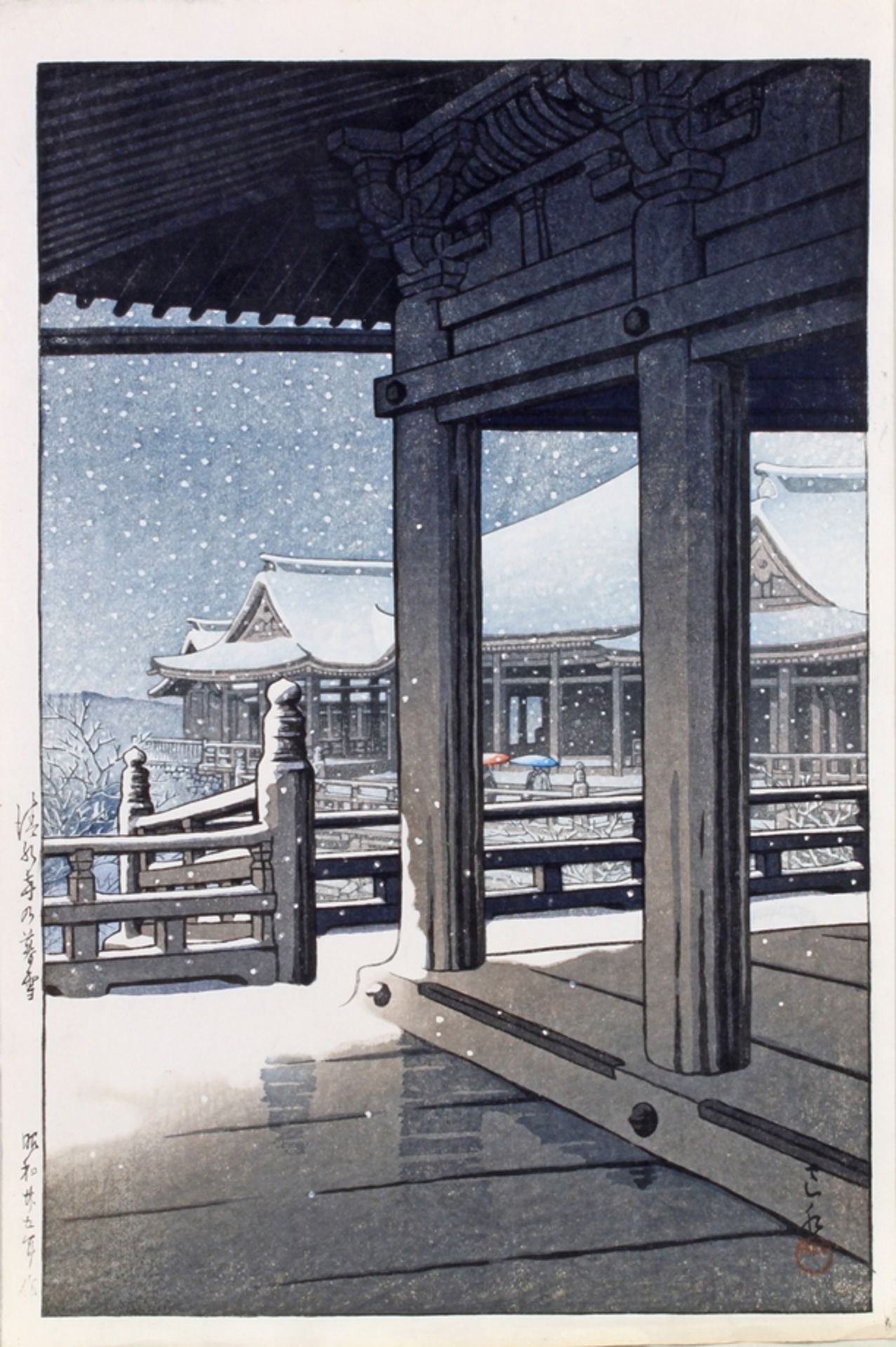 Farbholzschnitt, "Abendlicher Schneefall beim Kiyomizu Tempel", Japan, um 1950/60, Hasui Kawase, ob