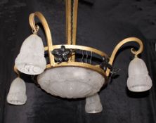 Deckenlampe, Frankreich,  1920/30er Jahre, Muller Frères Luneville, Gestell aus Schmiedeeisen, gold