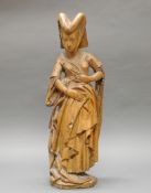 Skulptur, Holz geschnitzt, "Hofdame", im gotischen Stil, 19. Jh., 77 cm hoch, Fassung verloren