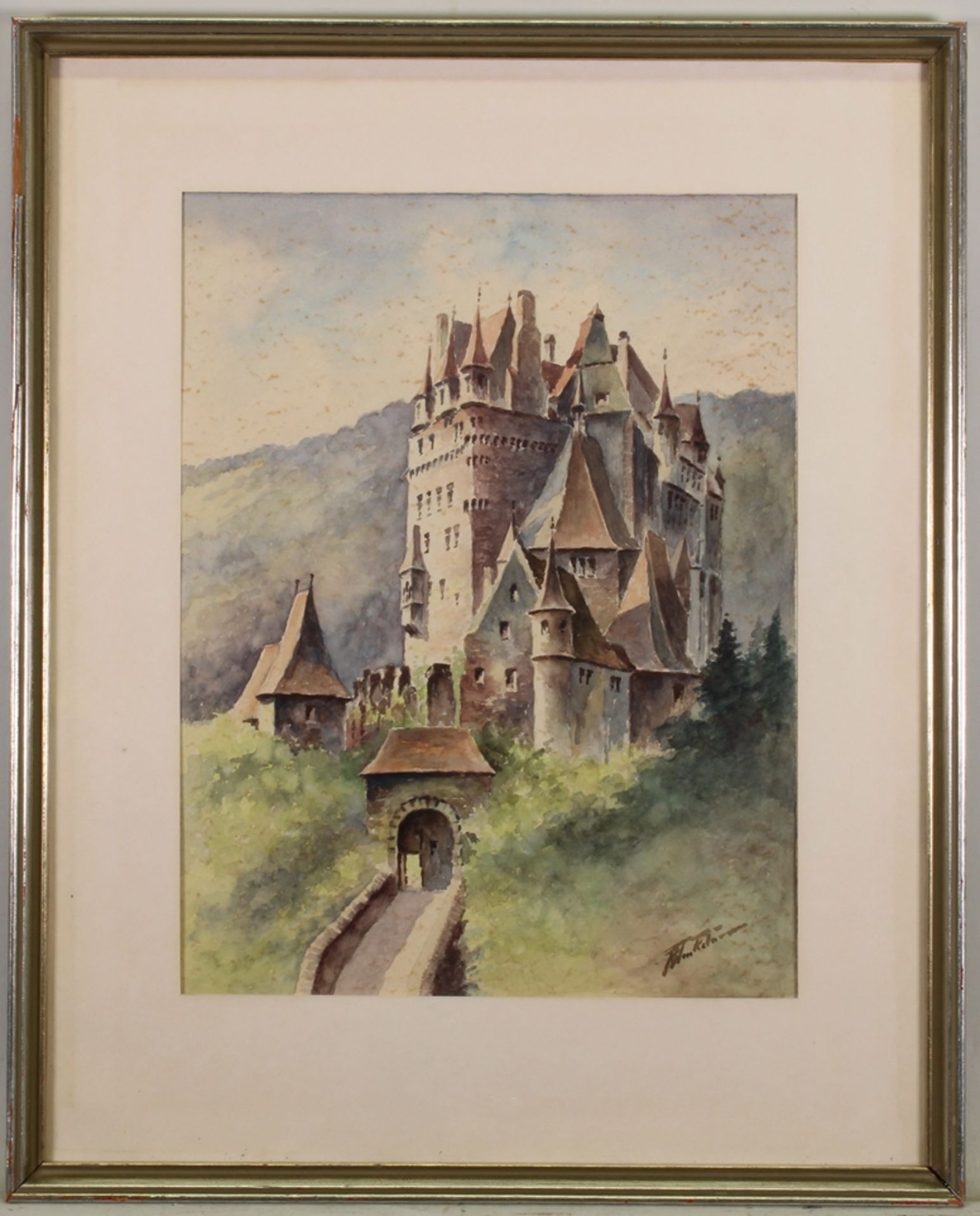 Konvolut, 3 Aquarelle, "Stadt- bzw. Burgansicht", 1x "Burg Eltz", 1x „Hegereiterhaus“ in Rothenburg - Image 4 of 9