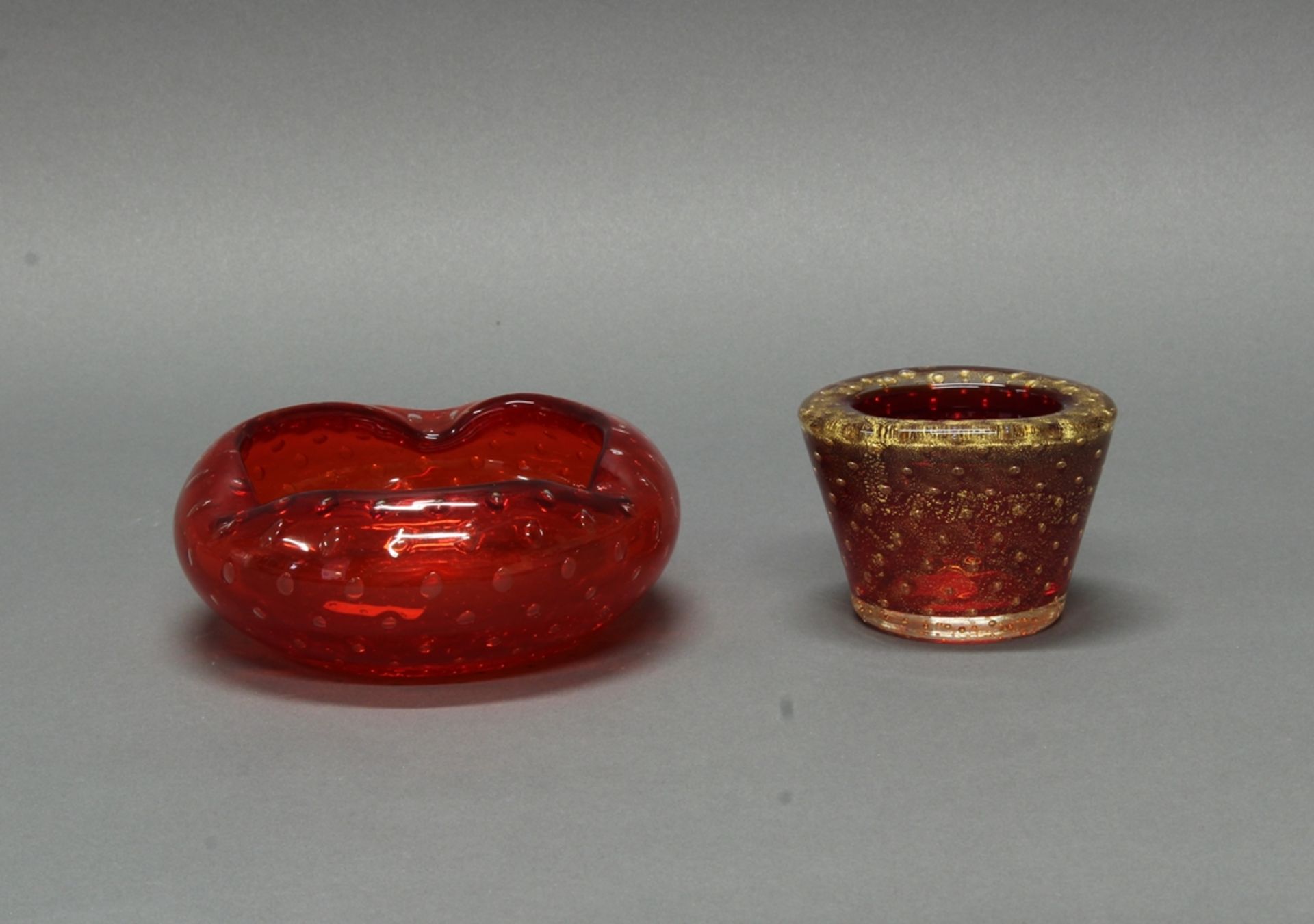 Aschenbecher, Vase, Murano, 1960/70er Jahre, Glas, rot, Luftblasen, 1x mit Goldpuder, ø 15 cm (etwa