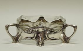 Jardinière, Silber 800, Jugendstil, Wilhelm Binder, drei Handhaben, innen vergoldet, farbloser Glas