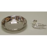 Gewürzschälchen, "Ente" mit Löffelchen, Silber 835, Korpus aus Kristallglas, 5 cm hoch;