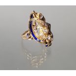 Ring, GG 585, reicher Diamantbesatz, blaues Email (teils berieben), 7 g, RM 17.5
