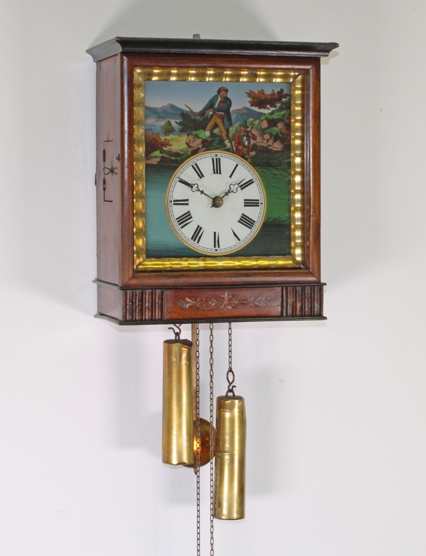 Schwarzwälder-Wanduhr, um 1880, Mahagonigehäuse, Front mit Goldleiste und Rankeneinlage, Hinterglas - Image 2 of 3