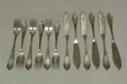 6 Fischgabeln, 6 Fischmesser, Silber 800, Koch & Bergfeld, Jugendstil, zus. ca. 572 g