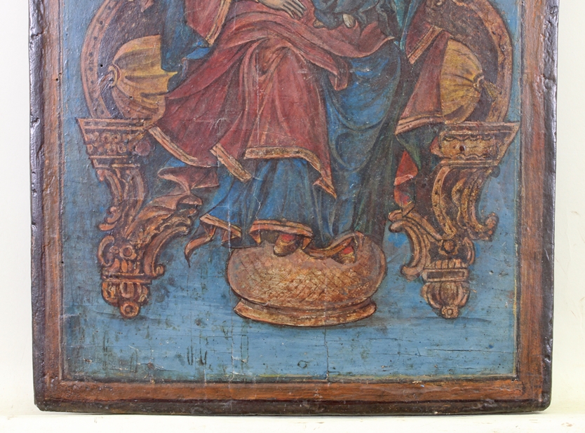 Ikone, Tempera auf Holz, "Thronende Gottesmutter mit Kind und Engeln", wohl 19. Jh., wohl Bulgarien - Image 3 of 4