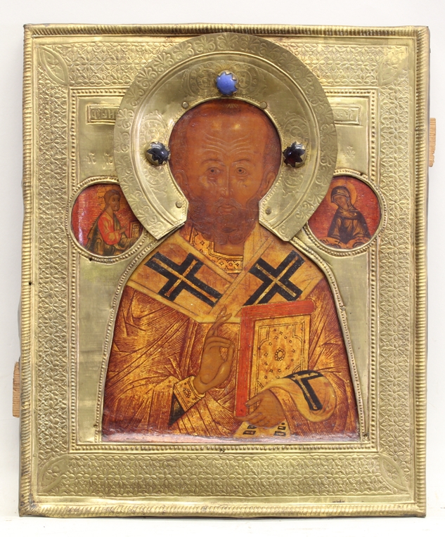 Ikonen, Tempera auf Holz, "Hl. Nikolaus", Metalloklad, Russland, 19. Jh., 31 x 26 cm