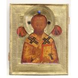 Ikonen, Tempera auf Holz, "Hl. Nikolaus", Metalloklad, Russland, 19. Jh., 31 x 26 cm