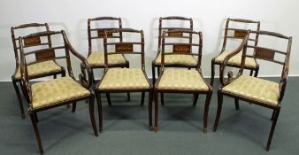 8 Regency-Stühle, davon zwei Armlehnstühle, England, 19. Jh., Mahagoni, Messingeinlage im Rückensch