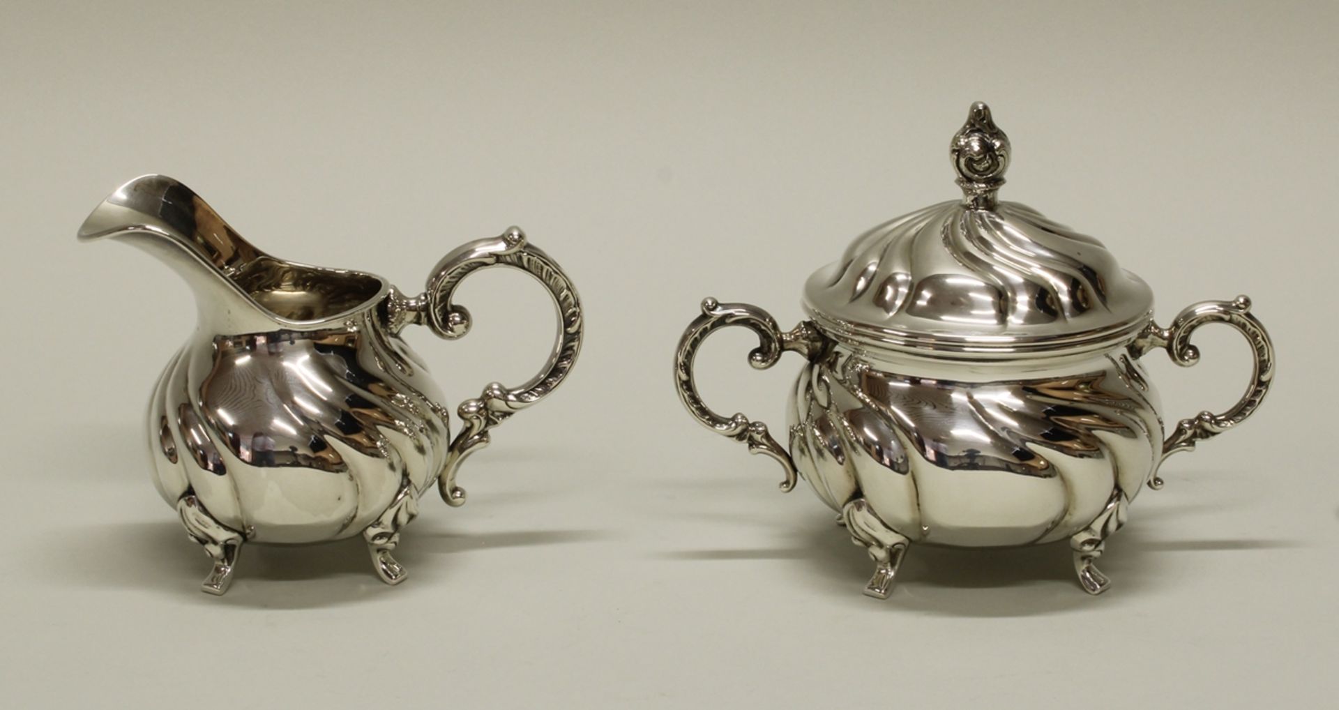 Sahnegießer, Zuckerdose, Silber 835, deutsch, Barockform, 10.5-14 cm hoch, zus. ca. 545 g