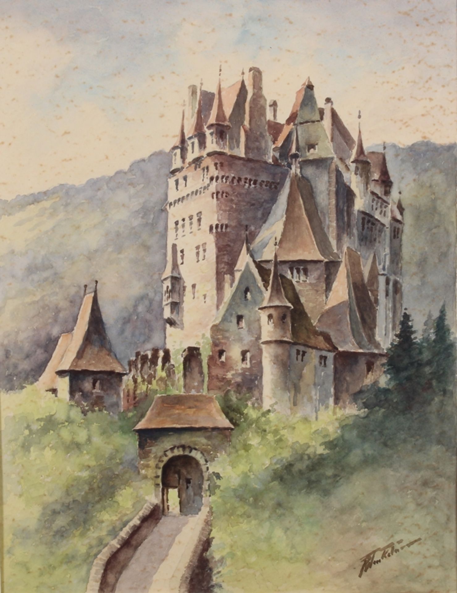 Konvolut, 3 Aquarelle, "Stadt- bzw. Burgansicht", 1x "Burg Eltz", jeweils signiert und unter Glas g - Bild 5 aus 9